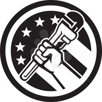 Black and White Illustration of a plumber hand holding adjustable pipe wrench viewed from the side set inside circle with USA American stars and stripes flag done in retro style. 