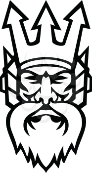 Mascot icon illustration of head of Poseidon, god of the Sea in Greek religion and myth, wearing a trident crown viewed from front on isolated background in retro black and white style.