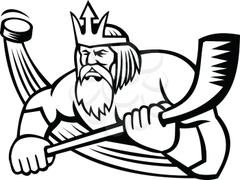 Mascot illustration of Poseidon or Neptune, god of Sea in Greek and Roman mythology, playing hockey holding ice hockey stick with puck front view on isolated background in retro black and white style.