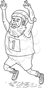 Illustration of santa claus saint nicholas father christmas running and finising a marathon raising hands over head done in Black and White cartoon style. 