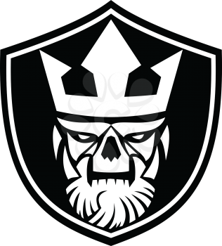 Icon style illustration of skull of Neptune or Posiedon wearing crown viewed from front set inside crest shield on isolated background done in retro black and white style.