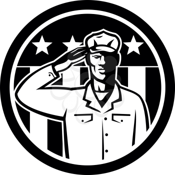 Illustration of an American soldier serviceman saluting the USA flag with stars and stripes on Memorial Day or Veteran's Day in the background set inside circle done in retro Black and White style.