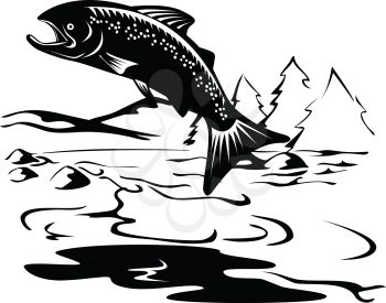 Retro woodcut style illustration of a Spotted or speckled trout Fish Jumping up river with mountains in background on isolated background done in black and white.