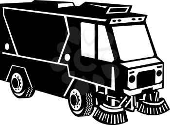 Illustration of a street cleaner truck sweeping cleaning viewed from side set on isolated background done in retro Black and White style.