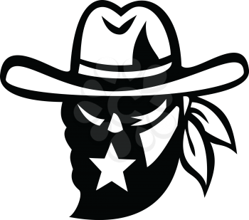Retro style Black and White illustration of a Texan outlaw or bandit wearing face mask bandana with Texas Lone Star flag on isolated background.