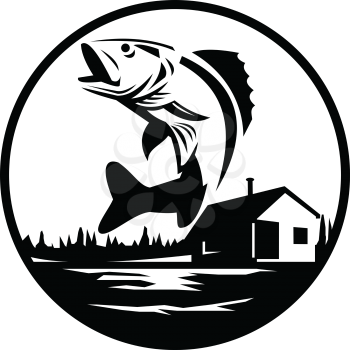 Black and White Illustration of a Walleye (Sander vitreus, formerly Stizostedion vitreum), a freshwater perciform fish jumping with lake and cabin in the woods set in circle done in retro style. 