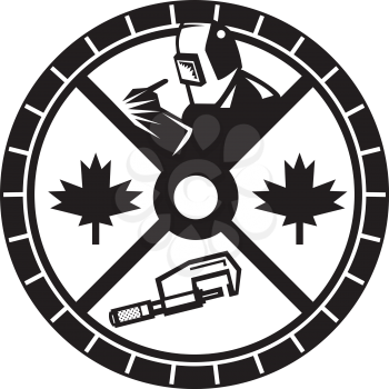 Illustration of a Canadian welder welding, caliper and maple leaf set inside circle done in retro style. 