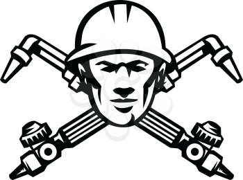 Illustration of crossed Oxygen-Acetylene Welding torch and head of welder viewed from front on isolated background done in retro Black and White style.
