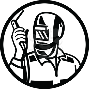 Illustration of welder, fabricator or indiustrial worker holding up welding torch viewed from front set inside circle on isolated background done in retro Black and White style.