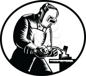 Illustration of welder fabricator worker working using Flux Cored Arc welding torch viewed from side set inside oval on isolated background done in retro woodcut black and white style.