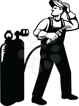 Illustration of welder worker standing with visor up looking to the side holding welding torch with acetylene cylinder viewed from front on isolated background done in retro Black and White style. 