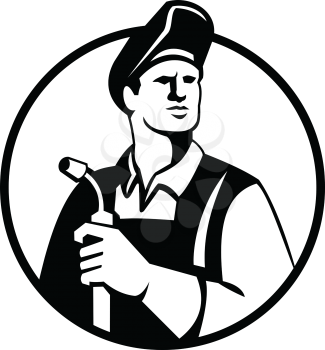 Illustration of welder worker wearing visor holding welding torch looking to the side set inside circle on isolated background done in retro Black and White style.