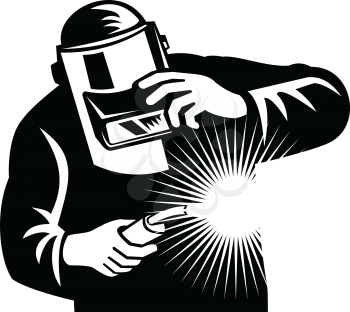 Illustration of welder worker working using welding torch viewed from front holding his visor set inside shield crest shape on isolated background done in retro style.