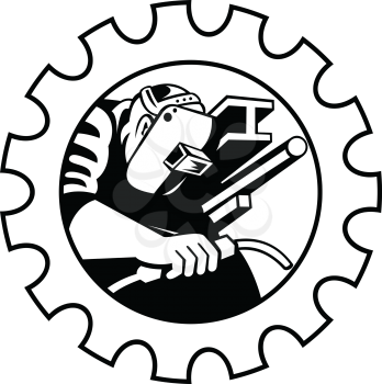 Illustration of a welder fabricator worker welding torch with i-beam pipe and bar set inside gear done in retro Black and White style.