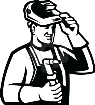 Mascot icon illustration of head of a welder lifting visor and holding welding torch viewed from side on isolated background in retro Black and White style.