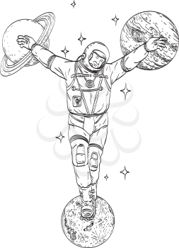 Line art drawing illustration of an astronaut or cosmonaut wearing spacesuit crucified on planet Saturn, Jupiter and the moon with stars in background done in monoline tattoo style black and white.