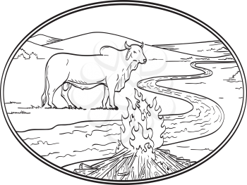 Line art drawing illustration of a Brahman bull, an American breed of zebuine beef cattle with winding river or creek, mountain range and campfire done in monoline tattoo style black and white.