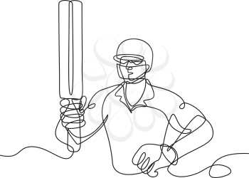 Continuous line drawing illustration of a cricket batsman holding up bat viewed from front done in sketch or doodle style. 