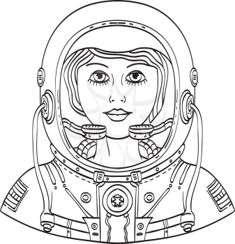 Tattoo style illustration of bust of a female astronaut wearing a space helmet and spacesuit viewed from front done in black and white.