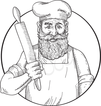 Drawing sketch style illustration of a hipster baker with full beard holding a rolling pin viewed from front on isolated white background done in black and white.