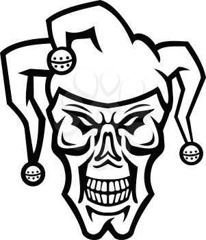 Mascot black and white illustration of head of a court jester, joker, fool,story-teller or minstrel skull viewed from front on isolated background in retro style.
