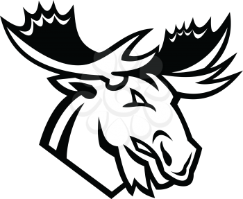 Black and white mascot illustration of head of a red angry moose or elk looking to side on isolated background in retro style.