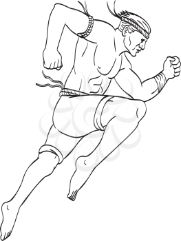 Tattoo style illustration of a Muay Thai or Thai boxing fighter, a combat sport of Thailand that uses stand-up striking, jumping striking with knee viewed from side done in black and white.