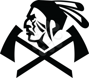 Mascot black and white illustration of head of a Native American Indian warrior with feathers and crossed tomahawk or hatchet viewed from side on isolated background in retro style.