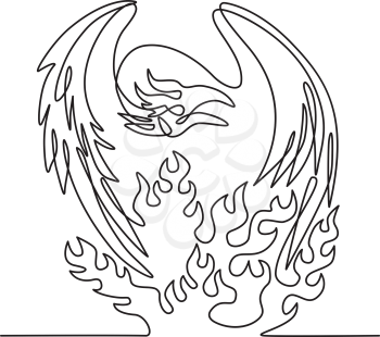 Continuous line drawing illustration of a phoenix, a mythological bird that cyclically regenerates or is otherwise born again, on fire  front view done in sketch or doodle black and white style. 