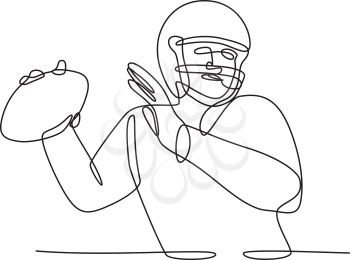 Continuous line drawing illustration of an American football quarterback or QB about to throw the ball viewed from front done in sketch or doodle style. 