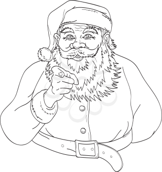 Line art drawing illustration of Santa Claus, Saint Nicholas, Saint Nick, Kris Kringle or Father Christmas pointing index finger at viewer saying I want you in monoline tattoo style black and white.
