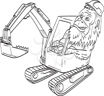 Line art drawing illustration of sasquatch or bigfoot, an ape-like creature in Canadian and American folklore, wearing hardhat driving a mechanical digger excavator in tattoo style black and white.