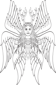 Tattoo style illustration of seraph or seraphim, a six-winged fiery angel with six wings and deer antlers viewed from front done in black and white.