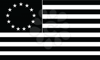 Black and white illustration of a the Betsy Ross flag, an early design of United States flag with 13 alternating red-and-white stripes with stars in upper left corner canton on isolated background.