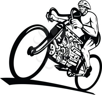 Retro style illustration of a cyclist riding a road bike, cycle or bicycle with v8 engine with eight-cylinder piston engine viewed from low angle on isolated background done in black and white.