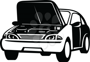 Retro style illustration of an automobile car auto with popped or open hood that has a breakdown viewed from front on isolated background done in black and white style.