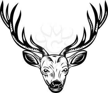 Retro woodcut style illustration of a stag, buck or deer hunter with hunting rifle viewed from front on isolated background done in black and white.

