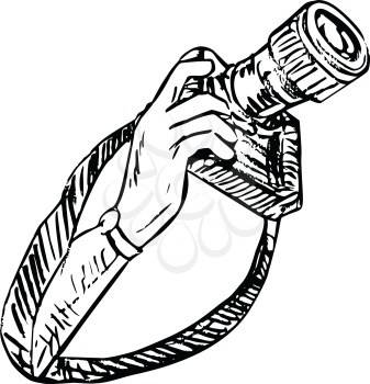 Scratchboard style illustration of a hand holding up a DSLR camera with strap on isolated background in black and white.