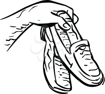 Scratchboard style illustration of a hand holding giving away a pair of loafers or slip on shoes on isolated background done in scraperboard black and white.