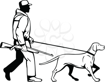 Retro style illustration of a bird hunter or duck shooter with shotgun rifle and Hungarian or Magyar Vizsla pointer dog walking viewed from side on isolated background done in black and white.