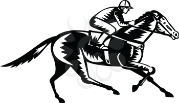 Retro woodcut style illustration of a jockey riding thoroughbred horse racing viewed from side  on isolated background done in black and white.
