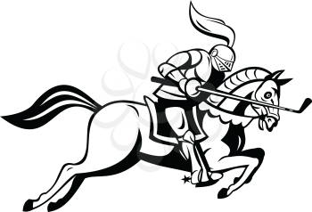 Cartoon illustration of an English knight in full armor riding a horse or steed armed with golf club like a lance on isolated white background done in retro black and white style.