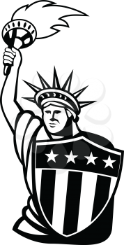 Mascot illustration of Lady Liberty with flaming torch and USA American stars and stripes shield viewed from front on isolated background in retro black and white style