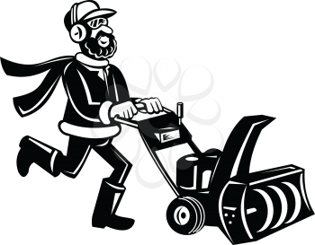 Retro black and white illustration of a man pushing a snow blower or snow thrower viewed from side on isolated white background done in cartoon style.