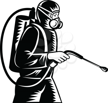 Black and white illustration of pest control exterminator spraying side view on isolated background done in retro woodcut style.