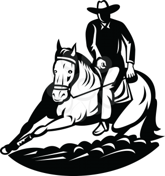 Retro style illustration of a professional rodeo cutting horse competition, a western-style equestrian competition which a horse and rider work together on isolated background done in black and white.