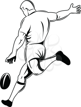 Retro woodcut style illustration of a rugby player or kicker drop kicking the ball viewed from rear or side on isolated background done in black and white.