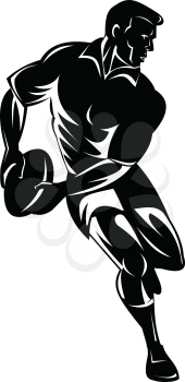 Retro woodcut style illustration of a rugby player passing the ball viewed from front on isolated background done in black and white.