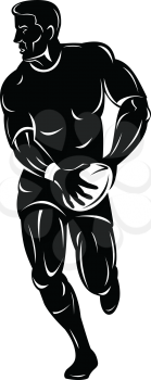 Retro woodcut style illustration of a rugby player running and passing the ball viewed from front on isolated background done in black and white.