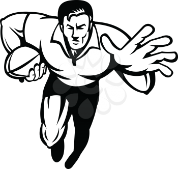 Retro black and white style illustration of a rugby player running with ball fending off with other hand viewed from front on isolated background.
